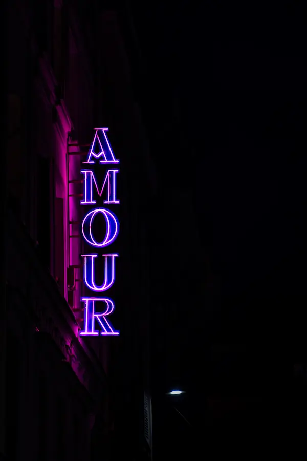 Enseigne lumineuse verticale "AMOUR" en néon violet brillant dans la nuit noire, créant une ambiance romantique et mystérieuse typique des rues parisiennes