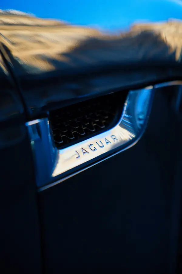 Gros plan sur une prise d'air latérale d'une Jaguar F-Type grise, montrant l'inscription "JAGUAR" en relief sur un insert chromé, avec une grille noire en nid d'abeille.