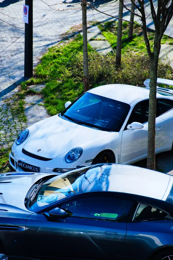 Porsche blanche garée sur un pavage en pierre, partiellement ombragée par des arbres fins, avec une partie d'une autre voiture visible au premier plan.