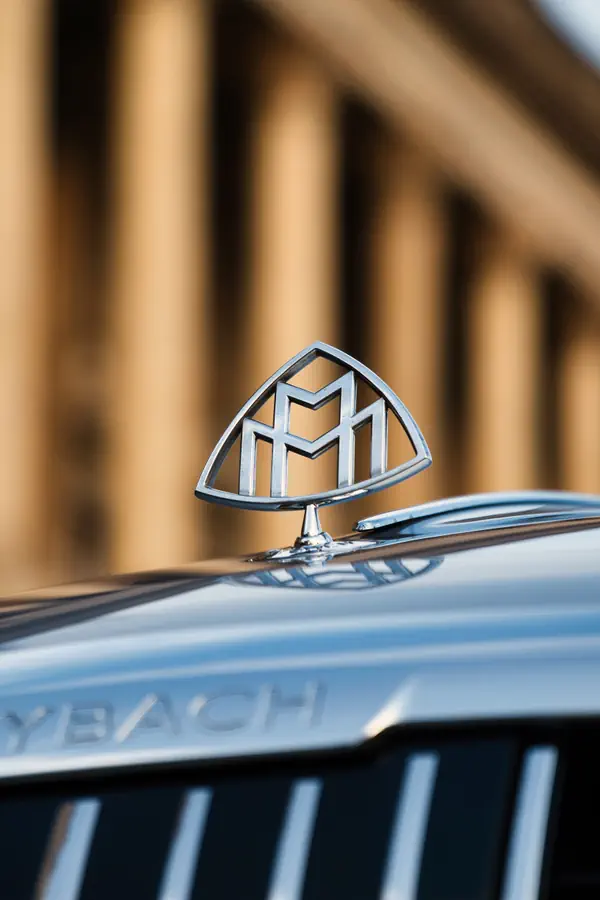 Emblème Maybach chromé en forme de triangle arrondi monté sur le capot d'une voiture de luxe, avec l'inscription "MAYBACH" visible sur la calandre et un arrière-plan architectural flou aux colonnes classiques.