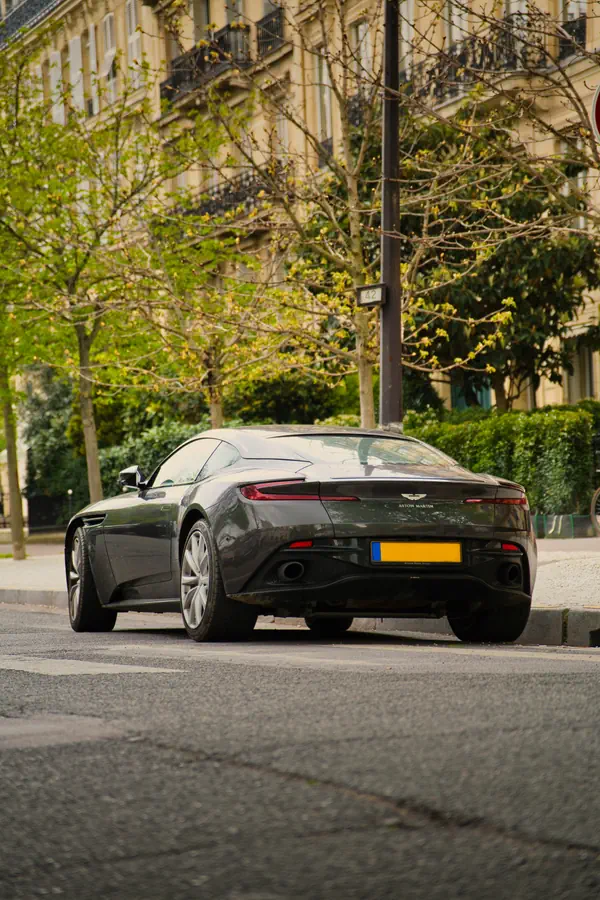 Aston Martin DB11 grise vue de l'arrière, stationnée dans une rue parisienne bordée d'arbres au printemps, avec des immeubles haussmanniens en pierre de taille en arrière-plan.