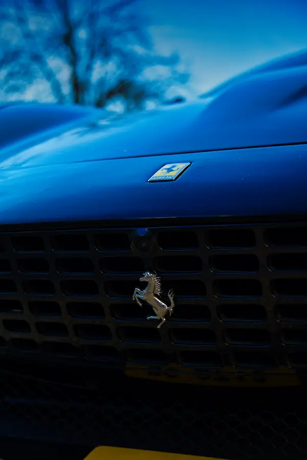 Détail de la calandre d'une Ferrari noir montrant l'emblématique cheval cabré chromé sur la grille noire et l'écusson Ferrari sur le capot