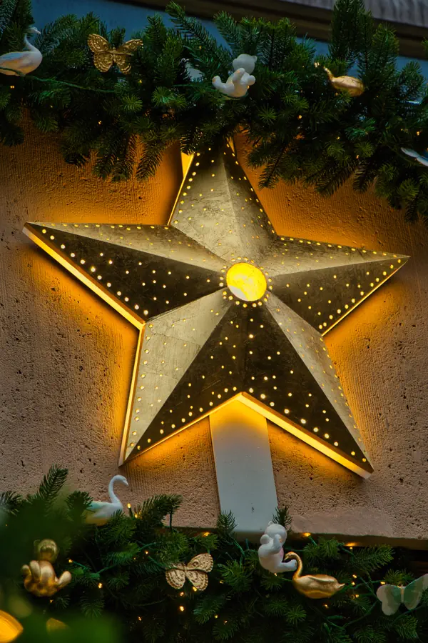 Grande étoile décorative illuminée en métal argenté, entourée de branches de sapin, papillons dorés et colombes blanches, créant une ambiance de Noël chaleureuse avec son éclairage rétroéclairé jaune
