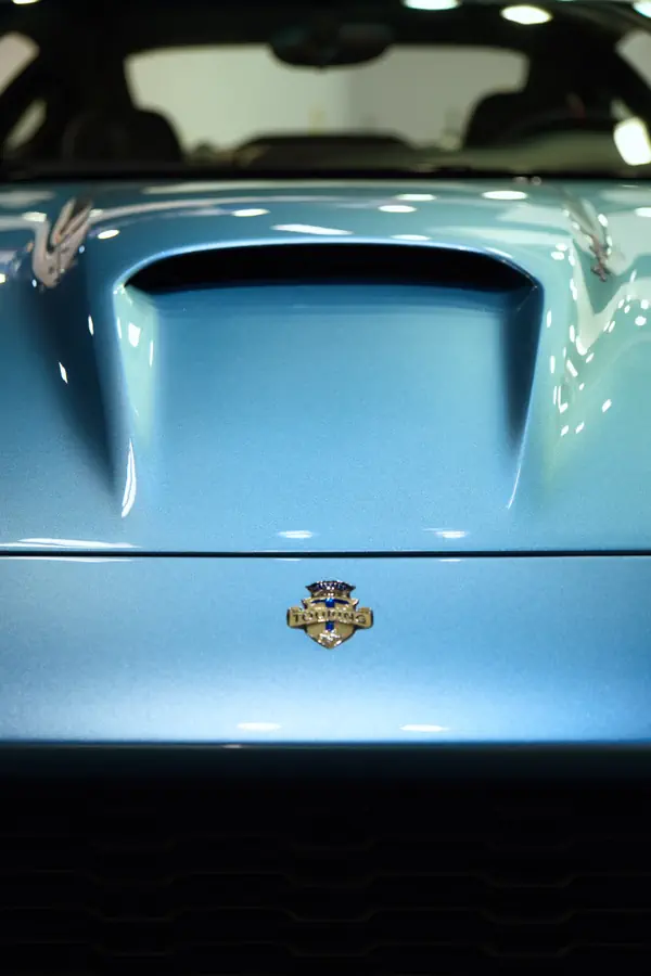 Détail du capot d'une voiture classique bleu clair avec une prise d'air et l'emblème Pegasus en métal doré.
