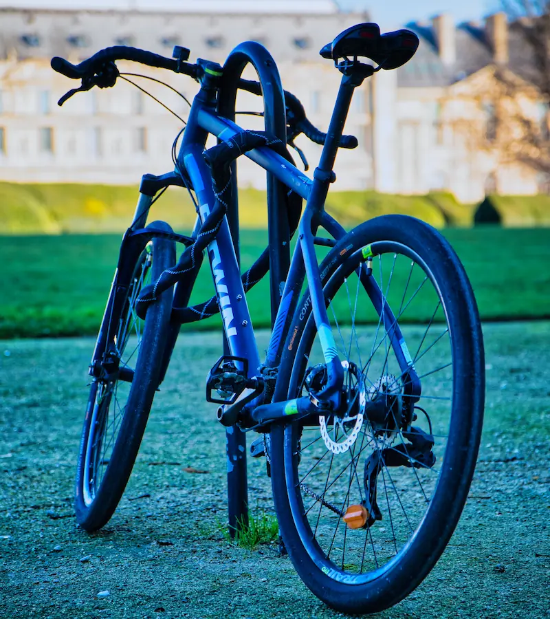 Vélo bleu photographié de trois-quarts arrière, équipé de freins à disque et de pneus larges.
